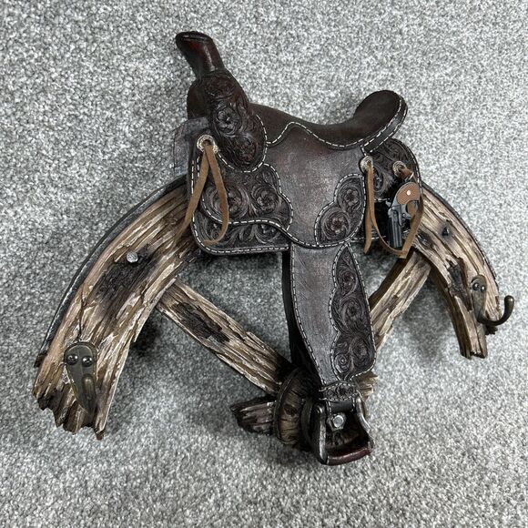 Western Wagon Wheel Horse Saddle Decor Coat Hat Rack with Hooks 14" Wide Heavy - Picture 2 of 12